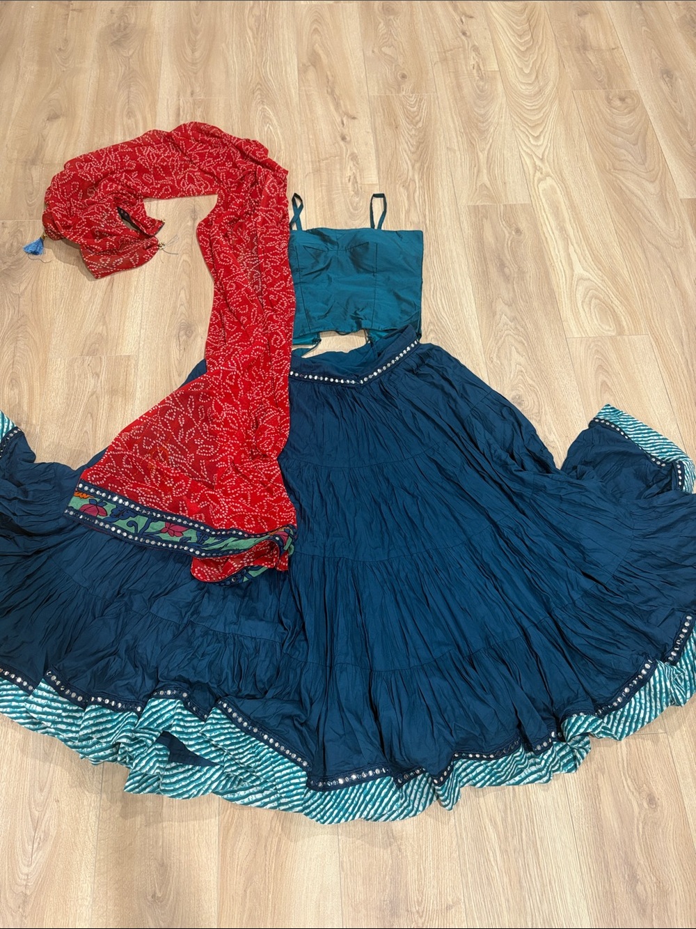 Teal Blue Women's Full Flared Skirt with Matching Top and Red Dupatta